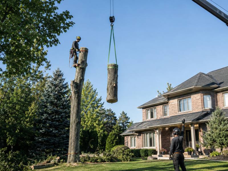 A Stratford Tree Service crew lifting a cut trunk section clear by crane