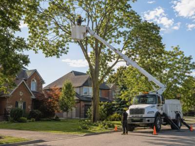 Bucket truck raised into a street tree with the crew working from the road