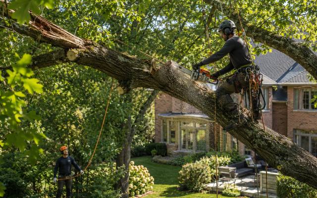 Large broken limb still hanging in the canopy over a house, rigged for controlled removal