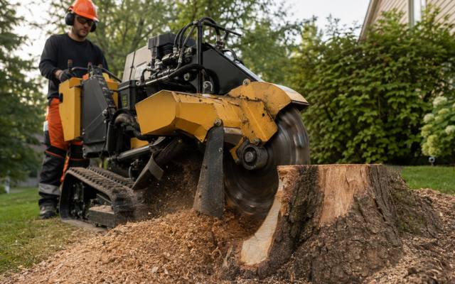 Grinder wheel cutting into a stump with the chips coming off the face